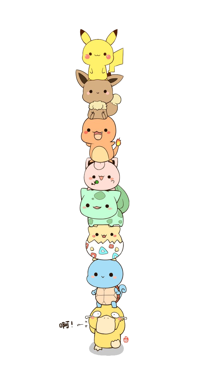 An image of 9 baby pokemon standing on each others shoulders