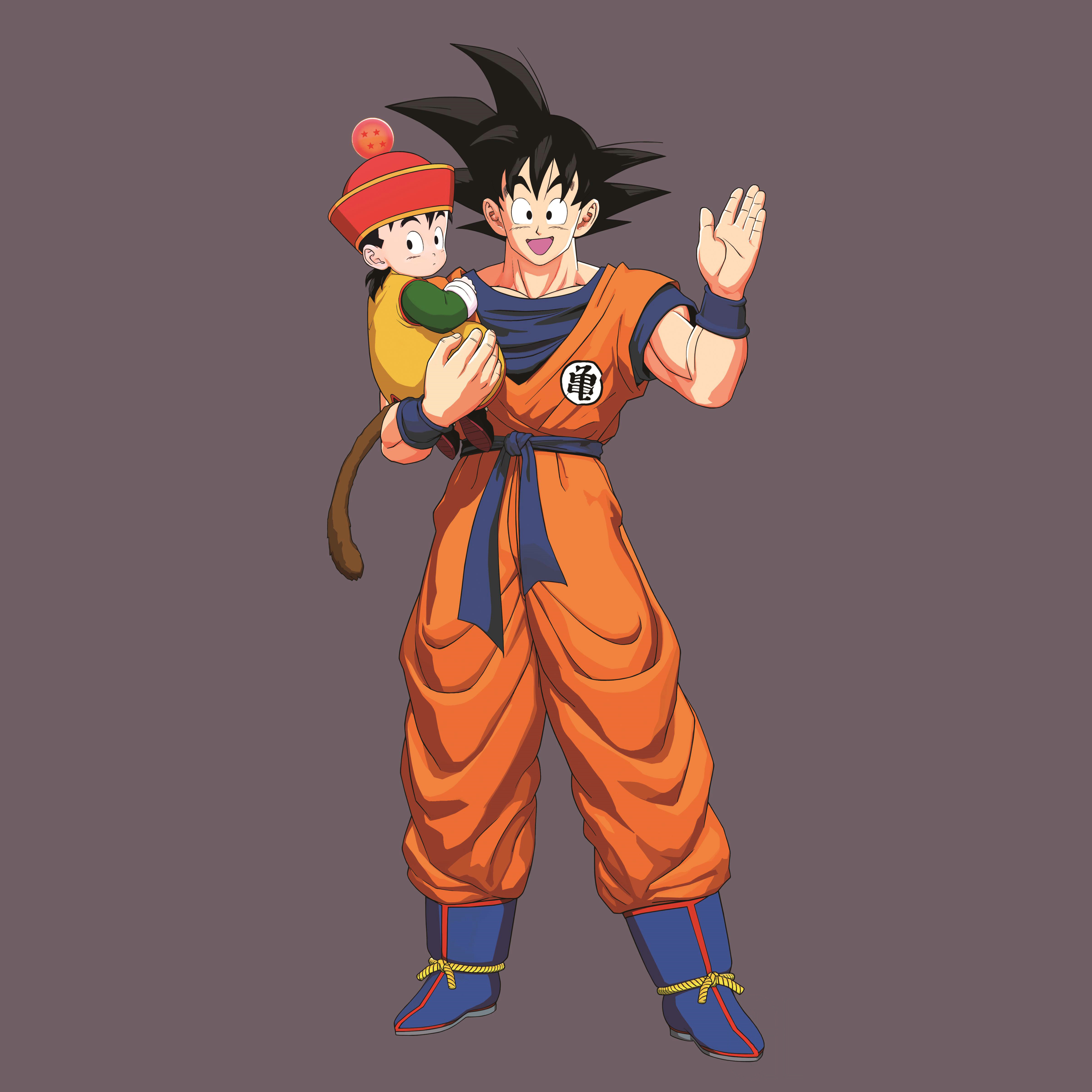 An image of Goku from the show dragon ball holding his son Gohan and waving hello