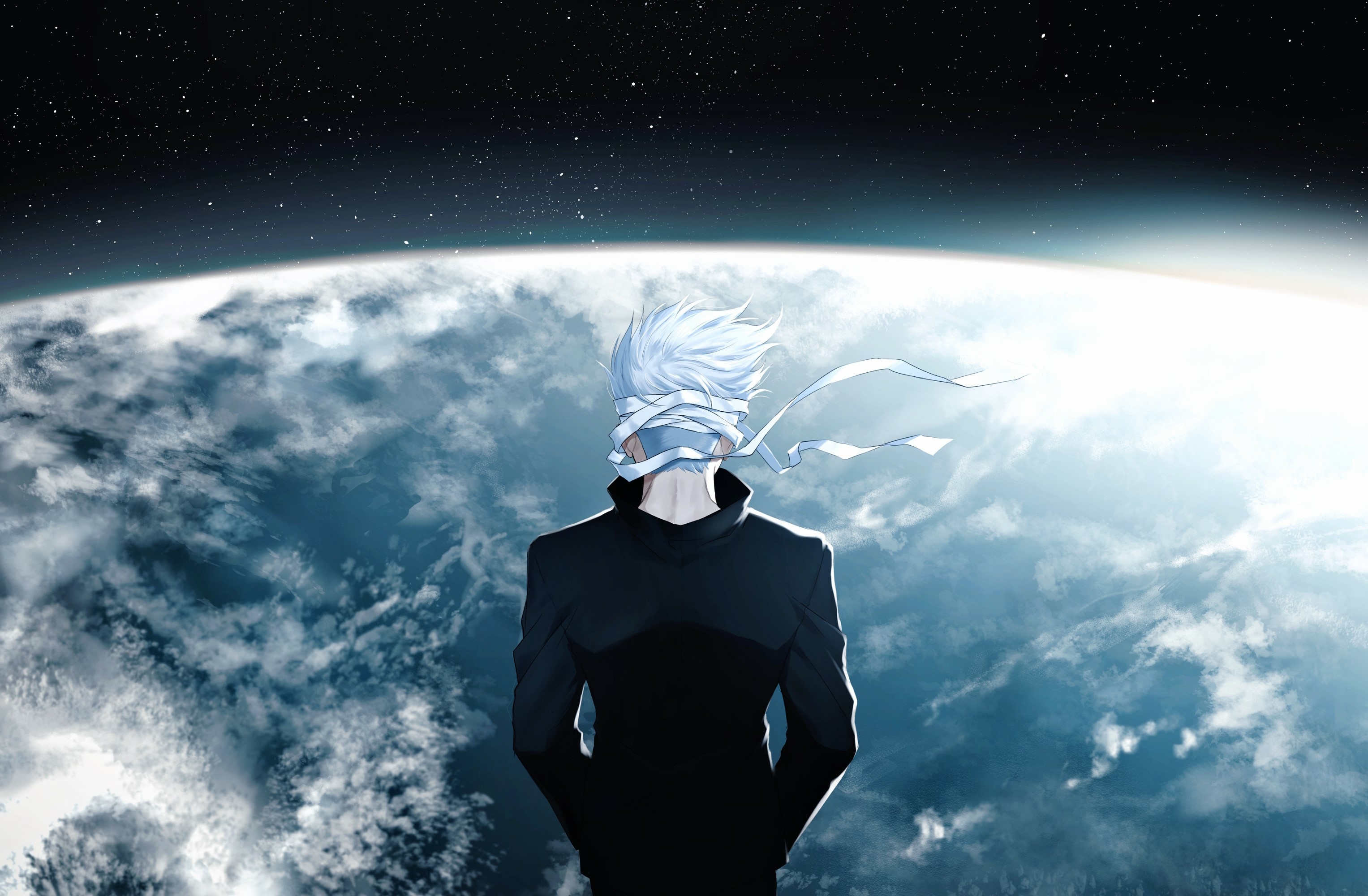 An image of Satoru from the show Jujutsu kaisen standing infront of the earth floating in space
