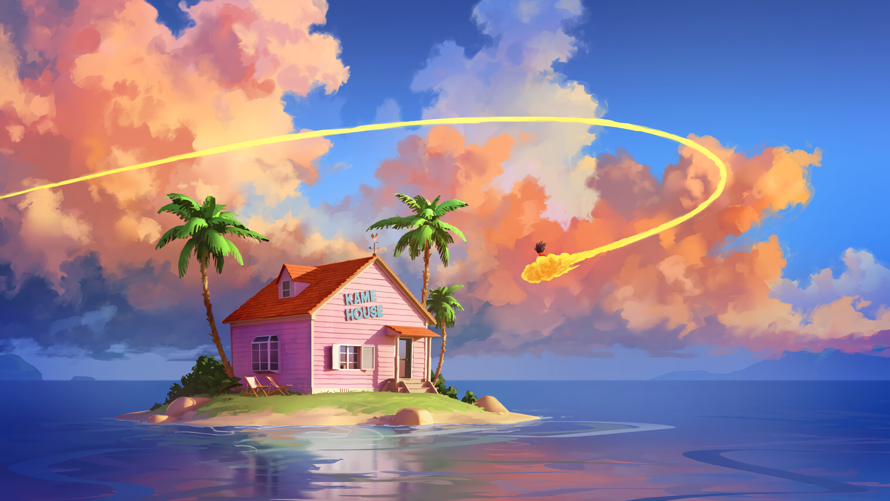An image of goku from the show dragon ball floating on a cloud into a house on an island