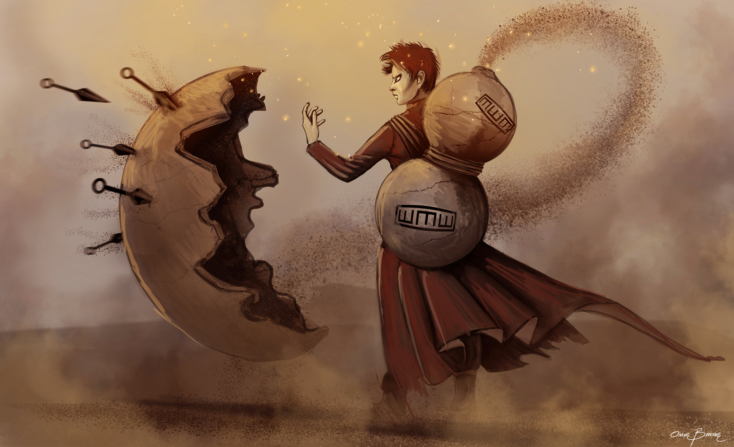 An image of Gaara standing behind a shell of sand defending him from shurikens