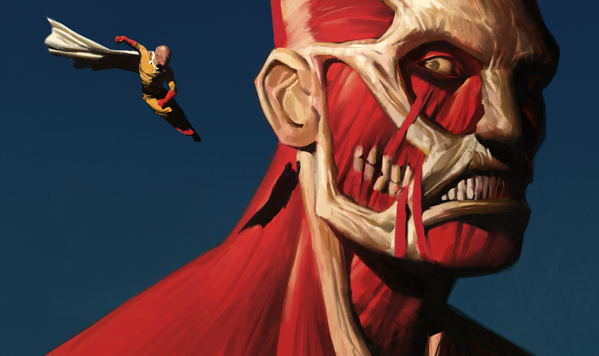 An image of Saitama from the show One Punch Man flying beside a titan from the show attack on titans.
