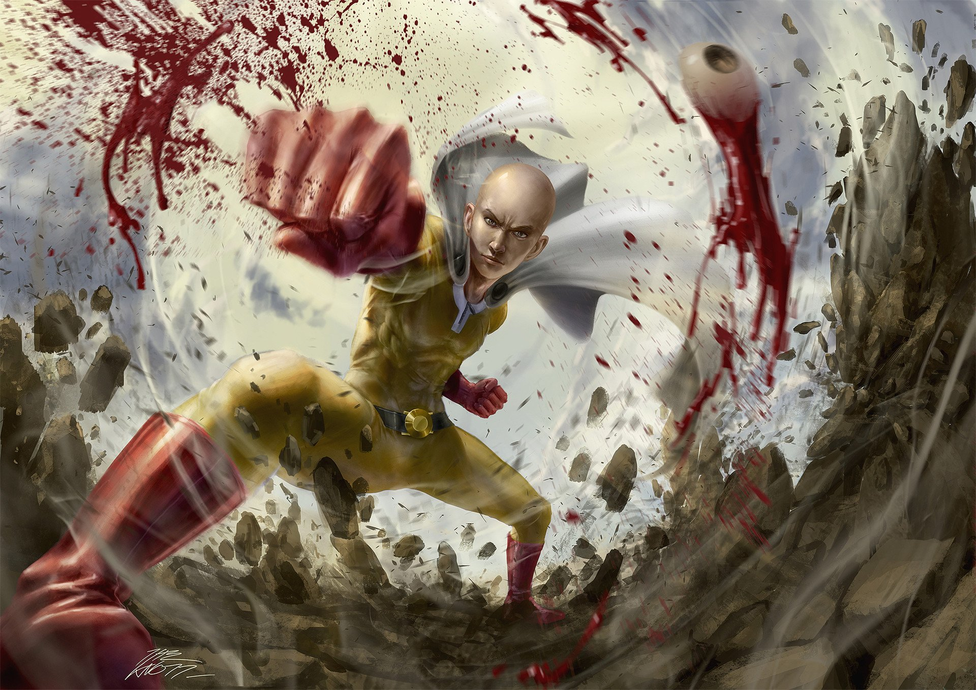 A Picture of Saitma sensei from One Punch Man in a lunging punch