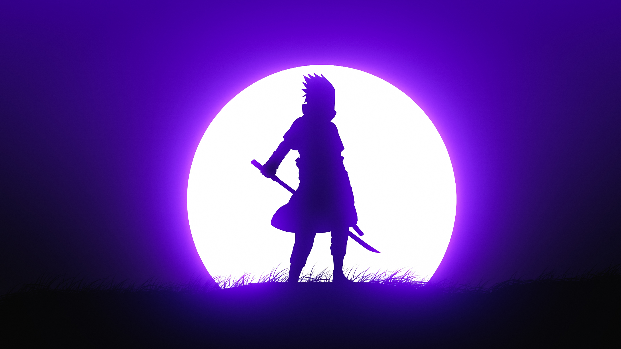 A Picture of Sasuke from the show Naruto standing infront of a purple moon